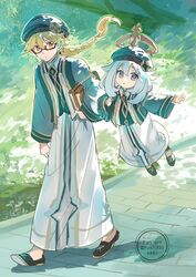  1boy :o aether_(genshin_impact) akasha_terminal blonde_hair blue_background brick_road day female floating full_body fushitasu genshin_impact glasses gold_trim hat looking_at_another looking_at_viewer open_mouth outdoors paimon_(genshin_impact) simple_background walking yellow_eyes 