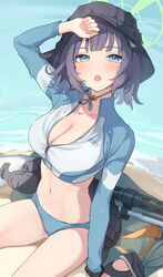  :o absurdres arm_up beach bikini bikini_bottom_only black_hat blue_archive blue_bikini blue_eyes breasts bucket_hat cleavage commentary_request crop_top cropped_jacket female grey_hair halo hat highres jacket large_breasts long_sleeves navel official_alternate_costume open_mouth raglan_sleeves saki_(blue_archive) saki_(swimsuit)_(blue_archive) short_hair sitting solo stomach swimsuit teti thighs wet white_jacket zipper 