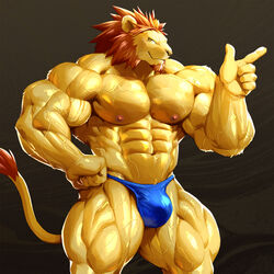  1:1 abs anthro big_muscles biped blue_clothing blue_thong blue_underwear brown_body brown_fur brown_mane bulge claws clothing digital_media_(artwork) digital_painting_(artwork) felid finger_claws fist fluffy fluffy_tail fur gesture glistening glistening_arms glistening_body glistening_clothing glistening_eyes glistening_legs glistening_nose hair hand_gesture hi_res huge_muscles kuroma lion looking_at_viewer male mammal mane monotone_body monotone_clothing monotone_fur monotone_hair monotone_underwear muscular muscular_anthro muscular_male navel nipples pantherine pecs pointing portrait pose shaded simple_background soft_shading solo standing tail thong three-quarter_portrait underwear vein veiny_muscles whiskers yellow_body yellow_eyes yellow_nose yellow_theme 