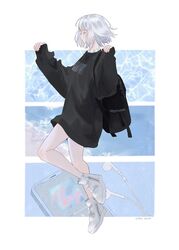  artist_name backpack bag black_bag black_shirt border closed_eyes closed_mouth earbuds earphones female frilled_shirt_collar frills from_side full_body hands_up highres long_sleeves no_socks original outside_border oversized_clothes oversized_shirt profile shirt shoes sneakers solo sutera_sea water white_border white_footwear white_hair zipper 