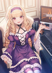  :d blonde_hair blunt_bangs borrowed_character can chair collarbone commentary_request computer computer_keyboard computer_tower dress drill_hair energy_drink female frilled_dress frilled_hairband frilled_sleeves frills gaming_chair hairband indoors iya_na_kao_sare_nagara_opantsu_misete_moraitai juliet_sleeves katase_bono long_hair long_sleeves looking_at_viewer mole mole_under_eye monitor nintendo_switch oerba_yun_fang open_mouth original pointy_ears puffy_sleeves purple_dress red_eyes second-party_source sitting smile solo swivel_chair wide_sleeves wireless_earphones 