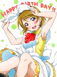  ascot bare_arms blush bow_hairband brown_hair dress earrings female frilled_dress frills fuyuu310 hairband happy_birthday heart holding jewelry knees_up koizumi_hanayo korekara_no_someday lace love_live! love_live!_school_idol_project open_mouth purple_eyes red_ascot short_hair sleeveless smile solo yellow_dress 