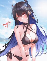  asymmetrical_horns bare_shoulders beach bikini black_bikini black_hair blue_hair breasts cleavage closed_mouth colored_inner_hair criss-cross_halter female hair_ornament halterneck highres hololive hololive_english horns large_breasts long_hair looking_at_viewer mole mole_under_eye multicolored_hair navel nerissa_ravencroft outdoors red_eyes side-tie_bikini_bottom sk_jynx solo string_bikini swimsuit uneven_horns virtual_youtuber 