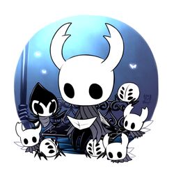  6+others bad_id bad_pixiv_id bench bug cloak commentary_request dated full_body glowing grey_cloak grimmchild holding holding_map hollow_eyes hollow_knight horns knight_(hollow_knight) lamppost looking_at_another map mask multiple_others nail_(hollow_knight) night no_humans on_bench outdoors outside_border pure_nail_(hollow_knight) round_image sango_(y1994318) simple_background sitting sword weapon white_background wings 