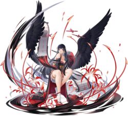  aircraft airplane azur_lane bare_shoulders black_hair black_kimono black_wings breasts cleavage dead_or_alive dead_or_alive_5 dead_or_alive_xtreme female full_body geta highres hime_cut japanese_clothes kimono kurumi_(recycllamo) large_breasts lips long_hair looking_at_viewer mole mole_under_mouth nyotengu official_art purple_eyes red_footwear sandals sitting socks solo tabi transparent_background white_socks wings 