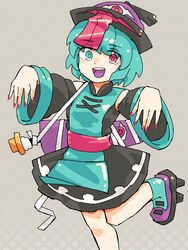  :d bare_shoulders blue_eyes blue_hair china_dress chinese_clothes detached_sleeves dress female halloween heterochromia highres jiangshi leg_up looking_at_viewer nail_polish open_mouth pink_nails red_eyes short_hair smile solo tatara_kogasa touhou wasabisuke 