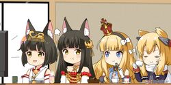  4girls :d :t animal_ear_fluff animal_ears azur_lane bare_shoulders black_hair black_hairband blonde_hair blue_eyes blush bow brown_eyes cake cake_slice closed_eyes closed_mouth commentary_request crown cup detached_sleeves dress eating epaulettes eye_contact flat_screen_tv food fork fox_ears gloves grey_sleeves hair_ears hairband hairbow headgear headpiece holding holding_cup holding_fork japanese_clothes juliet_sleeves kimono long_hair long_sleeves looking_at_another looking_to_the_side mini_crown mitya multiple_girls mutsu_(azur_lane) nagato_(azur_lane) open_mouth puffy_sleeves queen_elizabeth_(azur_lane) red_dress sleeveless sleeveless_kimono smile strapless strapless_dress striped_clothes striped_hairband teacup television tilted_headwear twitter_username warspite_(azur_lane) white_bow white_gloves white_kimono white_sleeves yellow_eyes yunomi 