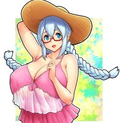  :d blue_eyes borrowed_character braid breasts cleavage curvy dress erkaz eyebrows female hat highres huge_breasts inchou_(kaitsu_tokiyas) looking_at_viewer open_mouth pink_dress red-framed_eyewear smile spring_(season) sun_hat sundress twin_braids twintails veins veiny_breasts watashi_no_inchou_desu!! white_background white_hair 