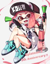  anniversary bad_id bad_twitter_id baseball_cap basketball_jersey black_hat black_shorts blunt_bangs brown_eyes clothes_writing commentary copyright_name dolphin_shorts dual_wielding english_text eyes_visible_through_hair fangs female floating full_body green_footwear hat holding holding_weapon ink_tank_(splatoon) inkling inkling_(language) inkling_girl inkling_player_character looking_at_viewer maco_spl medium_hair open_mouth paint_splatter pink_hair pointy_ears print_shirt shirt shoes short_shorts shorts sleeveless sleeveless_shirt smile sneakers solo splat_dualies_(splatoon) splatoon_(series) splatoon_2 straight-laced_footwear tentacle_hair weapon white_shirt 