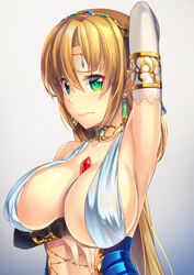  \||/ armpits between_breasts blonde_hair breast_hold breasts bridal_gauntlets circlet cleavage closed_mouth commentary covered_nipples cross-laced_clothes dancer earrings female forehead gem green_eyes hair_between_eyes highres jewelry large_breasts long_hair looking_at_viewer luupechi original revealing_clothes simple_background solo upper_body wavy_mouth white_background yuri_(luupechi) 