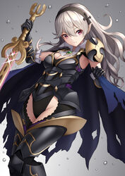  absurdres armor armored_boots armored_leotard black_footwear black_gloves black_hairband black_leotard blue_cape boots breasts cape cleavage closed_mouth commentary_request corrin_(female)_(fire_emblem) corrin_(female)_(nohr_noble)_(fire_emblem) corrin_(fire_emblem) elbow_gloves faulds female fire_emblem fire_emblem_fates gloves gradient_background grey_background grey_hair groin hair_between_eyes hairband hako_momiji highres holding holding_sword holding_weapon leotard long_hair pink_eyes pointy_ears shoulder_armor small_breasts smile solo sword thigh_boots thighhighs very_long_hair water_drop weapon yato_(fire_emblem) 