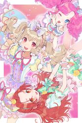  3girls aikatsu!_(series) aikatsu_on_parade! amahane_madoka blue_eyes bow bracelet commentary_request double_v dress flower frilled_dress frills grey_hair hairbow hands_on_own_cheeks hands_on_own_face heart highres jewelry kiseki_raki knees_together_feet_apart kurodeko looking_at_viewer multiple_girls one_eye_closed open_mouth orange_eyes orange_hair otoshiro_noel pink_hair red_eyes ribbon smile v 