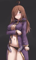  ahoge belly black_background black_panties blush breasts brown_eyes brown_hair cleavage female hair_over_one_eye highres kono_subarashii_sekai_ni_shukufuku_wo! large_breasts light_smile long_hair looking_at_viewer navel no_bra open_clothes open_robe panties purple_robe robe sarhce solo thighs underwear wiz_(konosuba) 