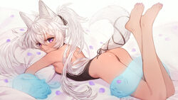  animal_ears artist_name ass bare_shoulders barefoot bed_sheet black_ribbon blush closed_mouth commentary dark_skin female hair_ribbon hair_spread_out highres legs_up long_hair looking_at_viewer looking_back lying nail_polish on_stomach original petals pillow ponytail purple_eyes ribbon signature smile solo symbol-only_commentary tail tail_ornament tail_ribbon the_pose toenail_polish toenails very_long_hair white_hair yellowpaint. 