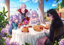  1boy 3girls ???_(alice_fiction) alice_fiction back bad_id bad_pixiv_id bare_shoulders black_hair blue_hair blue_sky blush box_(hotpppink) breasts chair cleavage cloud cup day double_bun drink drinking_glass drinking_straw eurystheus_(alice_fiction) flower food fruit grin hair_bun hair_ornament head_rest jacket kneehighs long_hair looking_at_viewer multiple_girls neu_(alice_fiction) outdoors pancake pancake_stack parfait pie plant pleated_skirt potted_plant purple_eyes purple_hair qin_shi_huang_(alice_fiction) red_eyes saucer see-through sitting skirt sky smile socks strawberry table tea teacup teapot wavy_hair white_hair white_socks yellow_eyes 