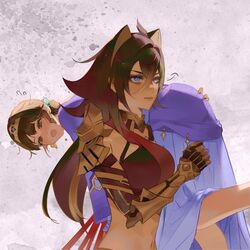  2girls akasha_terminal arm_armor armor artist_name bandaged_hand bandages blue_eyes blush breasts brown_hair carrying carrying_over_shoulder carrying_person closed_mouth colored_tips criss-cross_halter crossed_bangs crown dangle_earrings dark-skinned_female dark_skin dehya_(genshin_impact) dunyarzad_(genshin_impact) earrings flying_sweatdrops genshin_impact hair_bun halterneck highres jewelry long_hair looking_away multicolored_hair multiple_girls navel open_mouth shoulder_armor shuiffy single_hair_bun stomach streaked_hair walking yuri 