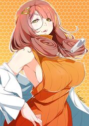  :3 :d aoki_hagane_no_arpeggio armpits blunt_bangs breasts brown_hair chains commentary_request covered_nipples cowboy_shot curly_hair dress eyewear_strap female from_side gradient_background hair_ornament hair_over_shoulder hairpin half-closed_eyes honeycomb_(pattern) honeycomb_background hyuuga_(aoki_hagane_no_arpeggio) ikeda_sakura lab_coat lanyard large_breasts long_hair long_sleeves looking_at_viewer low_twintails lower_teeth_only monocle no_bra off_shoulder open_clothes orange_background orange_dress orange_sweater outline parted_bangs parted_lips pink_lips ribbed_dress ribbed_sweater round_eyewear sideboob signature sleeveless sleeveless_dress sleeveless_turtleneck smile solo standing sweater sweater_dress teeth test_tube turtleneck twintails white_outline wing_collar yellow_eyes 