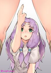  2girls blush circlet commentary fire_emblem fire_emblem:_the_blazing_blade florina_(fire_emblem) ge-b green_eyes hair_tubes highres imminent_fingering legs long_hair lyn_(fire_emblem) multiple_girls purple_hair shirt solo_focus symbol-only_commentary twitter_username view_between_legs yuri 