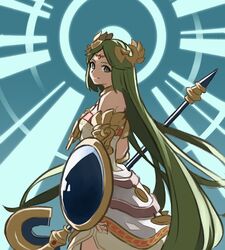  ancient_greek_clothes armlet bare_shoulders bracer breasts chiton circlet closed_mouth dress female greco-roman_clothes green_eyes green_hair highres jewelry kid_icarus long_hair looking_at_viewer neck_ring necklace nishikuromori palutena parted_bangs shield sideboob small_breasts smile solo staff straight_hair strapless strapless_dress very_long_hair white_dress 