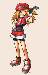  belt bike_shorts bike_shorts_under_shorts blonde_hair border brown_belt cabbie_hat commentary_request covered_navel cropped_jacket dot_nose female full_body green_eyes hat holding holding_wrench jacket long_hair mega_man_(series) mega_man_legends_(series) one_eye_closed open_mouth red_footwear red_hat red_jacket red_shorts roll_caskett_(mega_man) shorts solo spandex tessaku_ro white_border wrench 