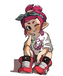  ;) bandana black_shorts blue_eyes female grin highres looking_at_viewer nishikuromori octoling octoling_girl octoling_player_character one_eye_closed pink_hair ponytail red_footwear shirt shoes short_hair short_sleeves shorts simple_background smile sneakers solo splatoon_(series) splatoon_2 suction_cups t-shirt teeth tentacle_hair white_background white_shirt 