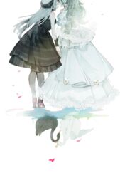  2girls bare_shoulders bird black_dress black_pantyhose black_swan_(bird) bridal_veil bride commentary contrast couple detached_sleeves different_reflection dress english_commentary flower from_behind girls&#039;_frontline green_hair grey_hair hair_flower hair_ornament head_out_of_frame heart high_heels highres imminent_kiss imoko_(imonatsuki) lace lace-trimmed_dress lace_trim leaning_forward leaning_on_person long_dress long_hair m950a_(girls&#039;_frontline) m950a_(the_warbler_and_the_rose)_(girls&#039;_frontline) multiple_girls official_alternate_costume pantyhose profile puddle reflection see-through short_dress standing swan thunder_(black_swan&#039;s_dream)_(girls&#039;_frontline) thunder_(girls&#039;_frontline) veil wedding_dress white_background white_dress white_flower wife_and_wife wrist_cuffs yuri 