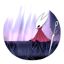  bad_id bad_pixiv_id cloak commentary_request dated female full_body hollow_eyes hollow_knight hornet_(hollow_knight) horns light_rays needle needle_(hollow_knight) no_humans red_cloak sango_(y1994318) silk simple_background sitting solo spider_web weapon white_background 