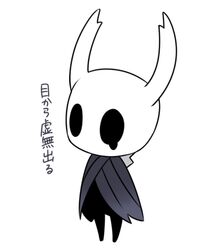  1other bad_id bad_pixiv_id cloak commentary_request full_body grey_cloak greyscale hollow_eyes hollow_knight horns knight_(hollow_knight) monochrome nail_(hollow_knight) sango_(y1994318) simple_background solo standing tears translated weapon white_background 