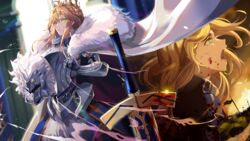  armor armored_dress artoria_pendragon_(fate) artoria_pendragon_(lancer)_(fate) artoria_pendragon_(lancer)_(first_ascension)_(fate) blonde_hair blood blood_on_face blue_eyes braid breastplate cape commentary crown crown_braid crying crying_with_eyes_open english_commentary excalibur_(fate/stay_night) fate/grand_order fate_(series) faulds female field_of_blades from_side fur-trimmed_cape fur_trim gauntlets green_eyes hair_between_eyes helmet highres holding holding_helmet lion_king_(lancer)_(fate) long_hair mixed-language_commentary niac open_mouth saber_(fate) sidelocks tears 