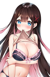  ayamy bare_shoulders black_bra black_hair black_panties blue_eyes blush bow bow_bra bra breast_hold breasts cleavage closed_mouth clothes_lift commentary_request cover_image cowboy_shot earrings female frilled_bra frills hair_ornament heart heart_in_eye highres jewelry large_breasts lifting_own_clothes long_hair looking_at_viewer miyawaki_sana mouth_hold multicolored_hair navel no_pants original panties pink_bow ribbed_sweater simple_background sleeveless sleeveless_sweater sleeveless_turtleneck smile solo stomach straight_hair sweater sweater_lift sweater_vest symbol_in_eye textless_version turtleneck two-tone_hair underwear very_long_hair white_background x_hair_ornament 