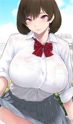  blush bow bowtie bra_visible_through_clothes breasts brown_hair clothes_lift collared_shirt commentary_request female grey_skirt kemigawa_mondo large_breasts lifting_own_clothes looking_at_viewer original purple_eyes shirt short_hair short_sleeves skirt skirt_lift smile solo sweat upper_body white_shirt 