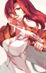  aozaki_touko breasts carimarica cigarette cleavage clip_studio_paint_(medium) coat collared_shirt female kara_no_kyoukai open_clothes open_coat orange_coat ponytail red_eyes red_hair shirt simple_background smoking solo upper_body white_background white_shirt 