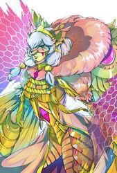  animal_ears armor bad_id bad_pixiv_id breasts cat_ears coat commentary cowboy_shot digimoji digimon digimon_(creature) ear_piercing english_commentary extra_ears facial_mark female fur-trimmed_coat fur_trim gauntlets green_eyes hair_between_eyes headgear highres holy_ring honeycomb_(pattern) large_breasts looking_at_viewer low_twintails mask nateasora oversized_limbs photoshop_(medium) piercing rasielmon shadow sidelocks simple_background smile solo tassel twintails waist_cape white_background white_hair wings 