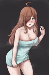  :d ahoge bare_shoulders black_background blush breasts brown_eyes brown_hair cleavage commentary_request female hair_over_one_eye highres kono_subarashii_sekai_ni_shukufuku_wo! large_breasts leaning_forward long_hair naked_towel nose_blush open_mouth sarhce smile solo steam towel wet wiz_(konosuba) 