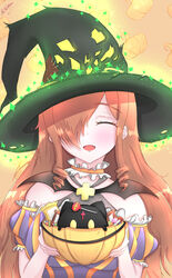  :d absurdres ahoge bare_shoulders blush breasts brown_hair bucket candy closed_eyes dress female food glowing glowing_headgear hair_over_one_eye halloween_costume hanawizu hat highres holding holding_bucket kono_subarashii_sekai_ni_shukufuku_wo! large_breasts long_hair open_mouth orange_dress pumpkin purple_dress short_sleeves smile solo striped_clothes striped_dress two-tone_dress very_long_hair witch witch_hat wiz_(konosuba) 