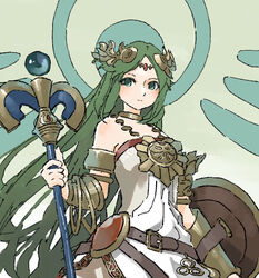  aqua_eyes armlet bangle belt belt_buckle bracelet brown_belt buckle circlet closed_mouth dress female gradient_background green_hair holding holding_staff jewelry kid_icarus long_hair neck_ring necklace nishikuromori palutena parted_bangs shield solo staff straight_hair strapless strapless_dress very_long_hair white_dress 