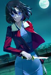  black_hair blue_eyes chinese_commentary clear_sky closed_mouth expressionless fate/grand_order fate_(series) feet_out_of_frame female full_moon fur_collar highres holding holding_knife holding_weapon jacket japanese_clothes kara_no_kyoukai kimono knife long_sleeves looking_at_viewer moon mystic_eyes_of_death_perception night night_sky obi open_clothes open_jacket outdoors red_jacket ryougi_shiki sash short_hair sky solo weapon yeh_(354162698) 