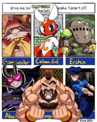  alastor_(viewtiful_joe) animal_hood beard beret biceps bleeding blood breath_of_fire breath_of_fire_iv capcom cat_hood character_name clenched_teeth company_connection cutman.exe ershin facial_hair flexing glasses grammeowster_chef hat helmet hood horns jill_valentine long_hair mega_man_(series) mega_man_battle_network_(series) mohawk monster_hunter:_world monster_hunter_(series) multiple_drawing_challenge muscular muscular_male netnavi outside_border pose resident_evil resident_evil_1 robert_j_case robot six_fanarts_challenge smile street_fighter street_fighter_ii_(series) teeth viewtiful_joe wristband zangief 