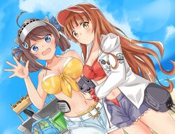  2girls beach belt belt_buckle bikini bikini_under_clothes blue_sky blunt_bangs breasts brown_hair buckle chougei_(kancolle) chougei_(swimsuit_mode)_(kancolle) cleavage cloud commentary_request cowboy_shot creature day denim denim_shorts dutch_angle green_eyes grey_eyes hair_ornament hair_rings hairclip helena_(kancolle) helena_(swimsuit_mode)_(kancolle) hood hooded_jacket hoodie jacket kantai_collection large_breasts long_hair looking_at_viewer machinery makinoki medium_breasts multiple_girls official_alternate_costume open_fly orange_bikini outdoors red_bikini shorts sky swimsuit tan tanlines visor_cap white_belt white_jacket 