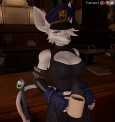  3d_(artwork) anthro armwear bare_shoulders beverage big_ears breasts cleavage cleavage_cutout clothed clothing coffee coffee_mug cutout detailed_background digital_media_(artwork) elbow_gloves female fingerless_gloves flapcats freckles fur gloves handwear hat headgear headwear hi_res inner_ear_fluff looking_at_viewer mammal murid murine officer_flint_(foretbwat) police police_hat police_uniform rat red_eyes rodent solo text tight_clothing tuft uniform warfare_machine white_body white_fur 