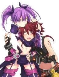  1boy aisha_landar blush commentary_request elsword elsword_(character) female highres moyashi_(rina) navel purple_eyes purple_hair purple_sleeves red_eyes red_hair rune_slayer_(elsword) skirt smirk sweat twintails void_princess_(elsword) 