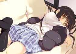  black_hair blush brown_eyes couch kneehighs long_hair original school_uniform skirt tatami_to_hinoki 