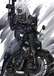  absurdres ak-15 ak-15_(girls&#039;_frontline) armor assault_rifle bad_id bad_twitter_id black_pants female girls&#039;_frontline gloves grey_hair gun highres holding holding_gun holding_weapon inactive_account kalashnikov_rifle knife knife_sheath korean_commentary long_hair looking_to_the_side mask midriff motor_vehicle motorcycle navel pants purple_eyes rifle sam_desu sheath smoke solo tactical_clothes tire weapon 