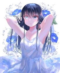  arms_behind_back arms_up bare_arms bare_shoulders black_hair blue_eyes blue_flower breasts commentary_request dress eyes_visible_through_hair female flower hair_between_eyes hand_in_own_hair heterochromia highres long_hair looking_ahead medium_breasts morning_glory original parted_lips sleeveless sleeveless_dress solo spaghetti_strap sutera_sea symbol-shaped_eyes white_background white_dress 