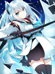  absurdres animal_ears azur_lane black_gloves black_skirt blue_eyes female gloves highres holding holding_sword holding_weapon katana kawakaze_(azur_lane) long_hair looking_at_viewer miniskirt pleated_skirt ryou_(ryo_217cafe) skirt solo sword very_long_hair weapon white_hair wide_sleeves 