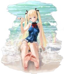  arm_support azur_lane barefoot between_thighs black_bow black_ribbon blonde_hair blue_eyes blue_one-piece_swimsuit bottle bow breasts closed_mouth day dead_or_alive dead_or_alive_xtreme feet female foot_focus foreshortening full_body hair_ribbon hairbow head_tilt highres holding lips long_hair looking_at_viewer manjuu_(azur_lane) marie_rose marie_rose_(devilish_servant_against_the_splashing_waves) official_art one-piece_swimsuit outdoors red_bow ribbon sitting sleeveless small_breasts soles solo swimsuit toes transparent_background twintails water water_drop wet yunsang 