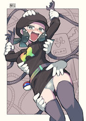  arms_up belt boots border breasts chichibu_(watson) commentary commission crying dress female gloves great_ball green_eyes green_hair hand_on_headwear hat highres holding_another&#039;s_wrist logo mechanical_arms open_mouth panties partially_colored poke_ball pokemon pokemon_usum signature skeb_commission team_rainbow_rocket team_rainbow_rocket_grunt team_rainbow_rocket_uniform tears thigh_boots tickling tickling_armpits tickling_legs tickling_sides translation_request underwear white_border 