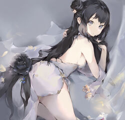  backless_dress backless_outfit bare_shoulders black_flower black_hair black_rose blue_flower breasts closed_mouth commentary_request dress female flower grey_eyes hair_bun hanagin highres long_hair looking_at_viewer looking_back lying medium_breasts on_stomach original rose sideboob single_hair_bun single_side_bun solo very_long_hair white_dress 