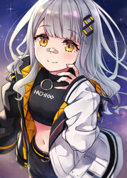  bandaid bandaid_on_face bandaid_on_nose belt belt_buckle black_shirt black_shorts blunt_bangs blush breasts buckle coat commentary_request female fingernails grey_hair hachi_(live_union) hair_ornament highres live_union long_hair long_sleeves looking_at_viewer midriff nail_polish navel off_shoulder open_clothes open_coat partial_commentary shirt short_shorts shorts smile solo starry_background swept_bangs two-sided_fabric uruha_(yw1109) virtual_youtuber white_coat yellow_eyes 