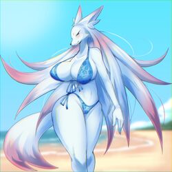  1:1 anthro beach big_breasts bikini breasts canid canine chatora_(pixiv) clothing female female_anthro front-tie_bikini front-tie_clothing front-tie_swimwear kemono mammal seaside side-tie_bikini side-tie_clothing side-tie_swimwear solo string_bikini swimwear white_body wide_hips 